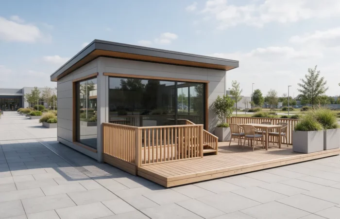Local commercial préfabriqué vitré avec terrasse en bois, installé sur une place pavée
