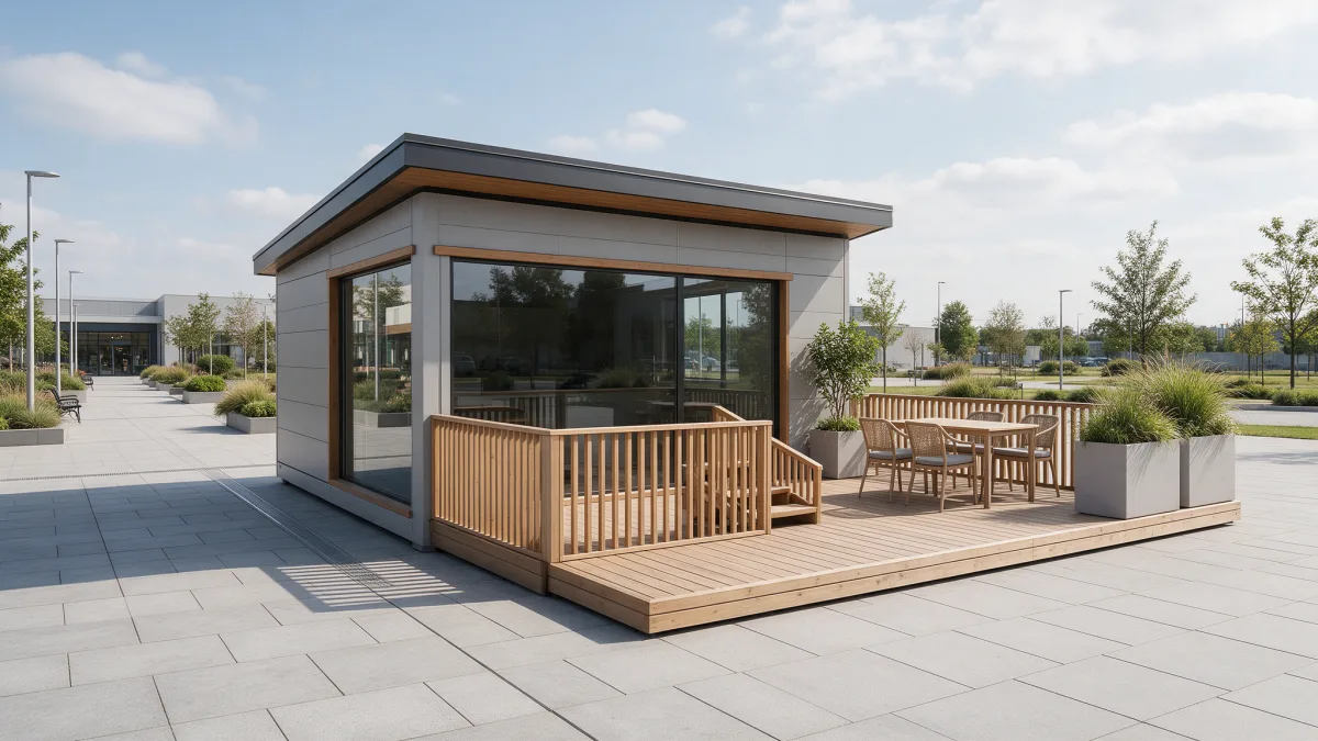 Local commercial préfabriqué vitré avec terrasse en bois, installé sur une place pavée