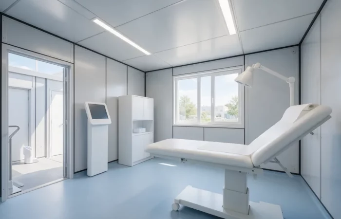 Salle de consultation lumineuse dans un cabinet médical préfabriqué, avec table d'examen et surfaces faciles à désinfecter