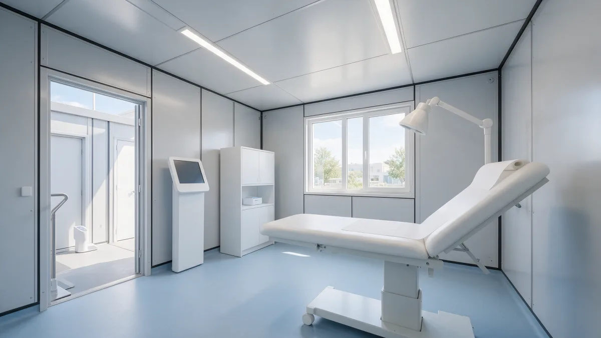 Salle de consultation lumineuse dans un cabinet médical préfabriqué, avec table d'examen et surfaces faciles à désinfecter