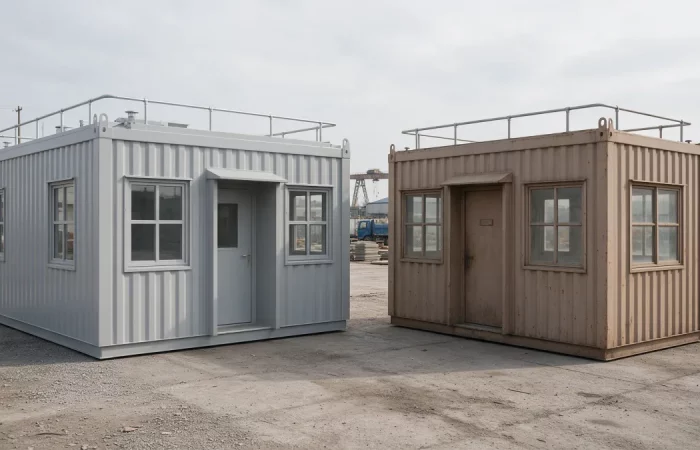 Deux bâtiments modulaires côte à côte, l'un neuf et l'autre d'occasion remis en état