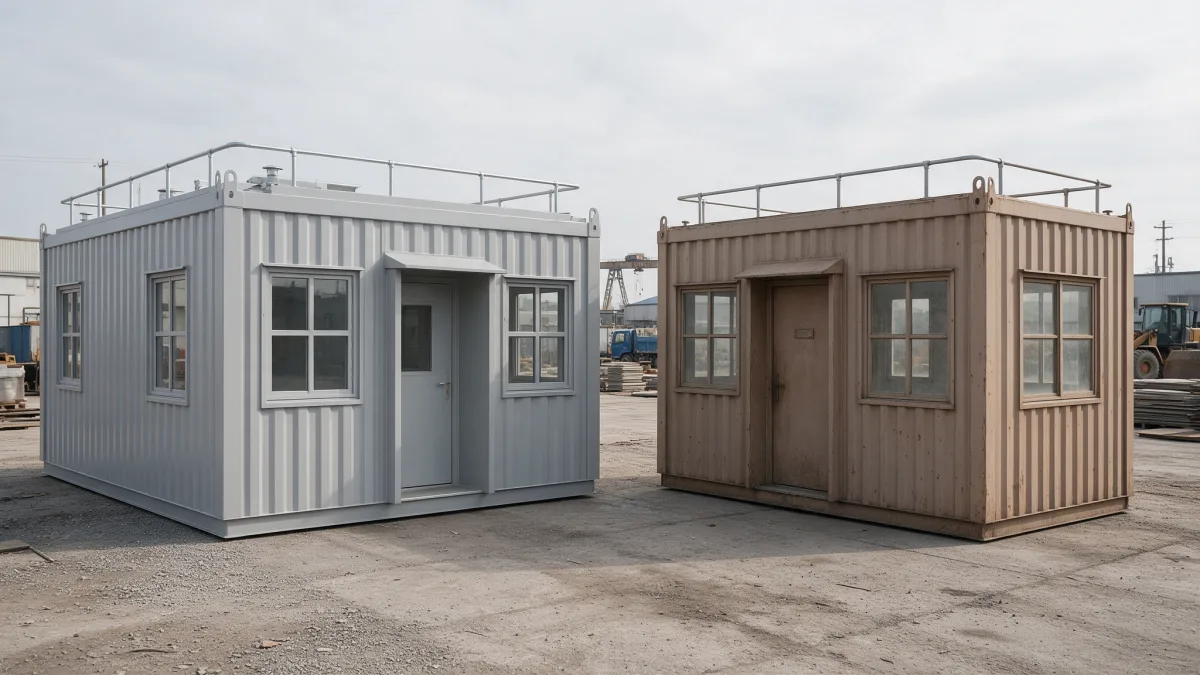 Deux bâtiments modulaires côte à côte, l'un neuf et l'autre d'occasion remis en état